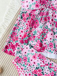 SHEIN Tween Girls Tankini Set, Knitted Small Floral Print Halter Neck Ruffle Cute Doll Hem Swimsuit - Hot Pink - View 7