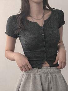 DAZY 女款修身短版長袖羅紋T恤 夏季 - 灰色 - 查看 5