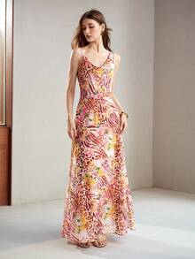 MOTF PREMIUM WOMEN'S SPRING/SUMMER MIXED ZEBRA STRIPED LEOPARD FLORAL PRINT STRUCTURED DESIGN LONG DRESS - Multicolor - View 4
