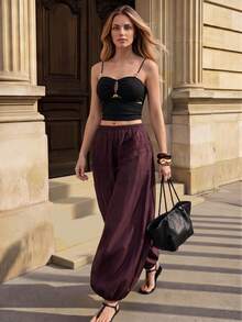 Ciel Poise Pants Loose Lantern Satin Textured Elastic High Waist Lace Cuffed Elegant Exotic Casual Burgundy Lace Patchwork Pleated Solid Women's Pants Vacation - Burgundy - View 1