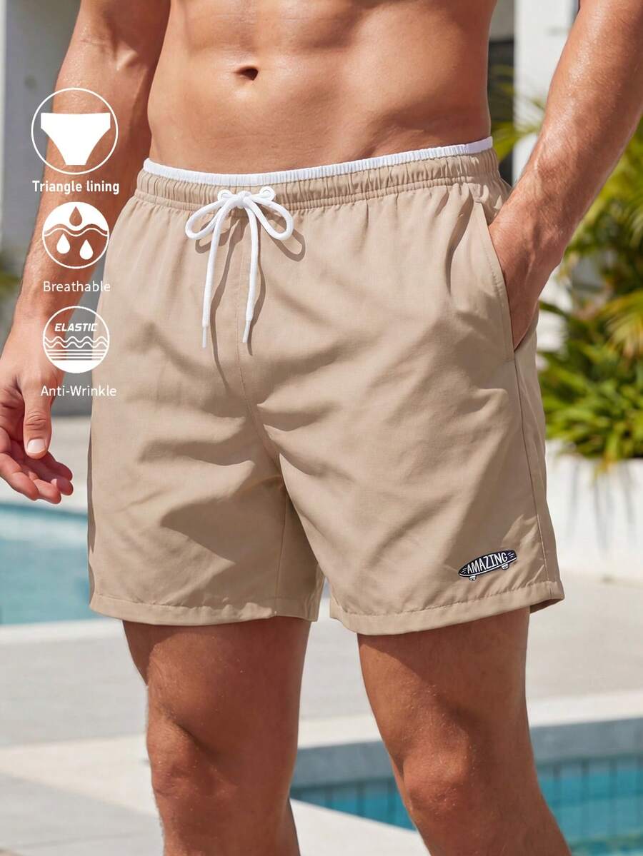 Palasendo Men Letter Graphic Drawstring Waist Swim Trunks - Khaki - View 1