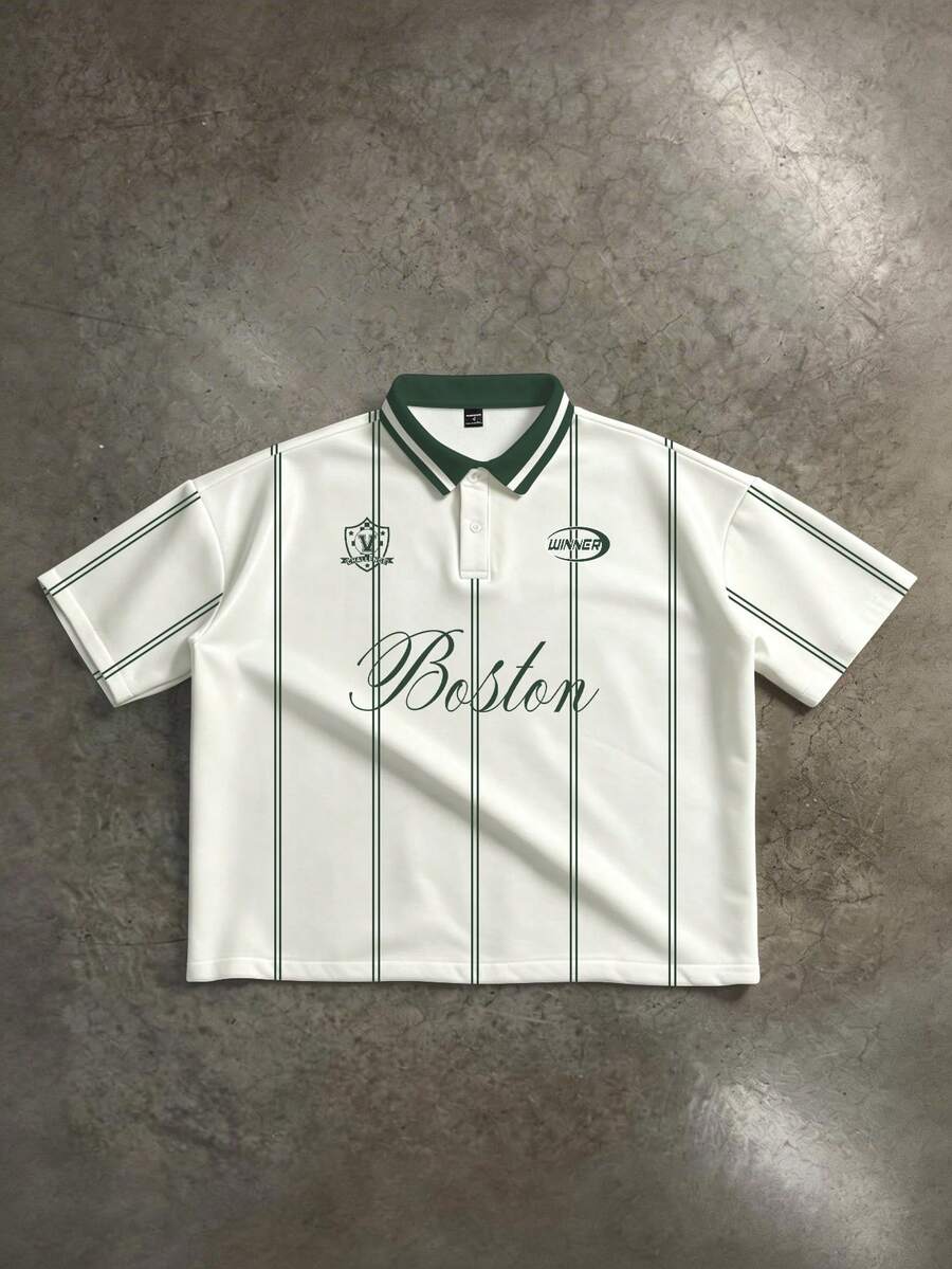 Manfinity ZONE917 Men's Casual Sports Daily Commute College Style Letter & Stripe Print Short Sleeve Polo Shirt, Summer - Green - View 1