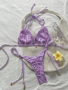Swim Vcay Springbreak Women's Shell Print Halter Neck Bikini Two-Piece Swimsuit - Purple - View 2