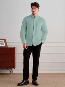 Core Aspect Men's Casual Minimalist Solid Color Front Button Patch Pocket Long Sleeve Shirt, Ceremony - Green - View 7