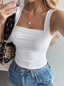 DAZY Women's Solid Colored Pleated Tank Top - White - View 11