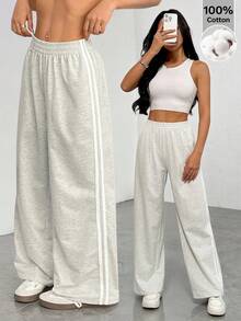 SHEIN PETITE Quần dài đen kẻ sọc bên hông, kiểu dáng đơn giản, thời trang hàng ngày, thích hợp cho lễ tốt nghiệp, trang phục tựu trường, lễ tốt nghiệp, trang phục giáo viên dành cho nữ, trang phục tựu trường. - Xám - Xem 1