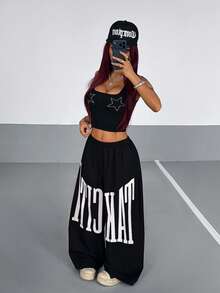 StreetHx Women's Street Retro Large Letter Print Loose Wide Leg Long Pants - Black - View 4