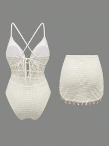 Sweetra Bikini de dos piezas para mujer Swim Oasis-D de color liso con tirantes finos y decoración de cadena de concha en la parte delantera - Beis - Ver 2