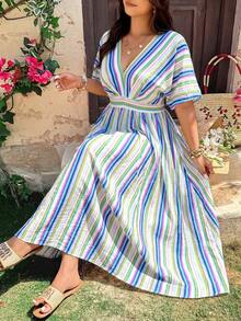 Vionelle Vestido de Talla Grande Estilo Vacacional con Rayas Coloridas, Cuello en V y Cintura Ceñida - Azul - Ver 3