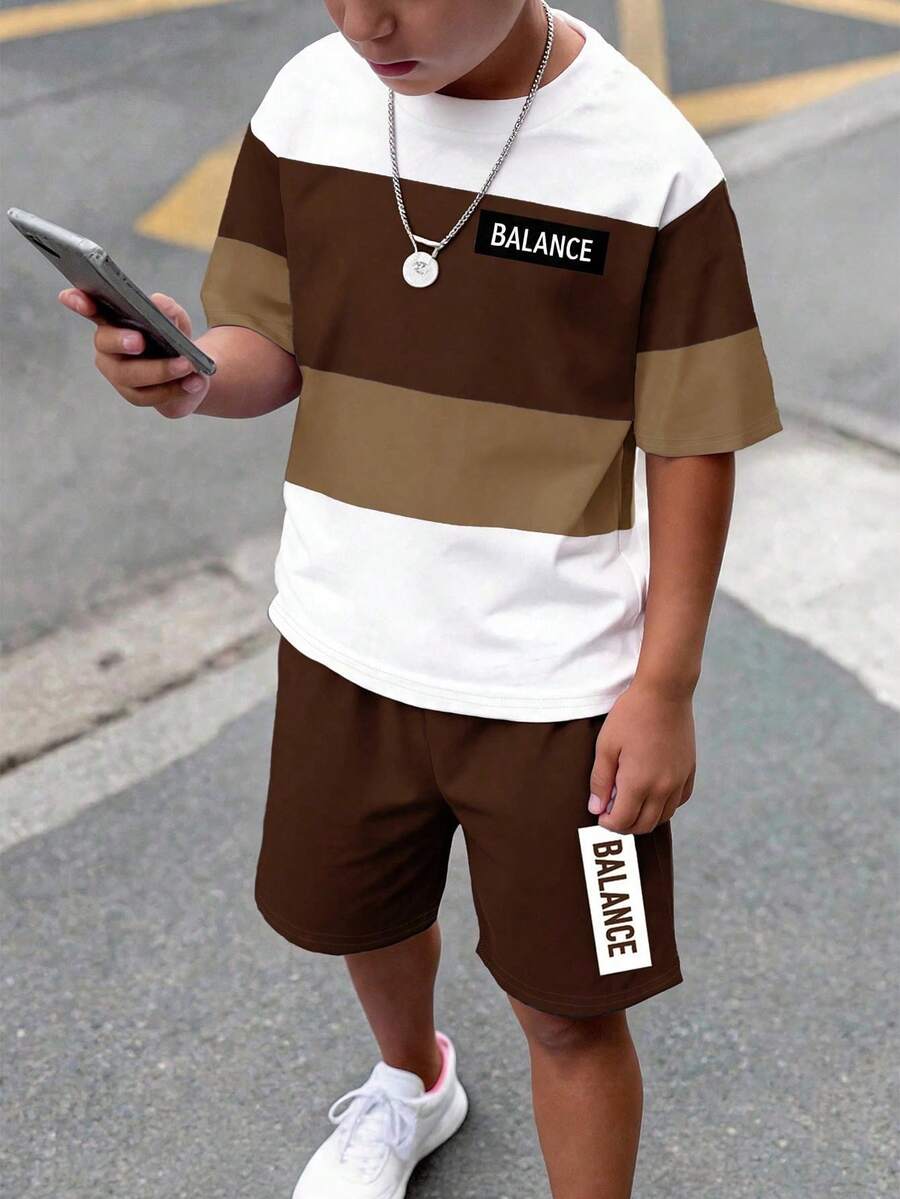 Tween Boy Casual Comfortable Minimalist Round Neck Short Sleeve T-Shirt And Shorts Set - Multicolor - View 1