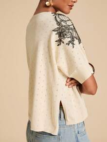 Travachic Women's Colorblock Patchwork Round Neck Knit Top Everyday Black And White Summer Elegant Lace - Apricot - View 3