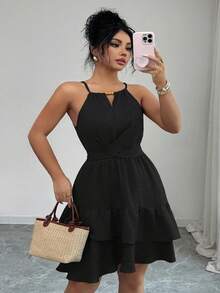 Elenzga Elegant Beaded Halter Tie Shoulder Ruffle Hem Plus Size Dress - Black - View 6