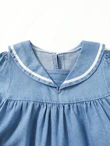 SHEIN 女童休閒可愛水手領水洗藍泡泡短袖洋裝，適合春夏季出遊、度假、上學、日常穿著 - 淺色水洗藍 - 查看 5