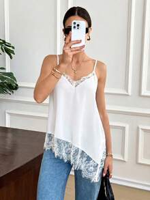 Elegant Women's Summer Camisole In Solid Color With Lace Patchwork And Side Slit - White - View 3