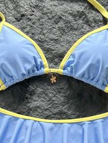 Swim Mod Women's Summer Beach Minimalist Elegant Romantic Casual Vacation Sexy Sweet Cute Swimwear Set, All-Match Versatile Blue & Yellow Colorblock Design, Halter Neck Bikini Triangle Top, Ultra Short Ruffle Hem Skirt Bottom, Metal Flower Pendant Decoration On Chest, Suitable For Beach, Resort, Spa, Music Festival, Honeymoon And Casual Vacation - Multicolor - View 4