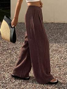 DAZY Solid Color Loose Wide Leg Pants With Pockets Casual Vacation Summer Women Long Pants - Brown - View 6