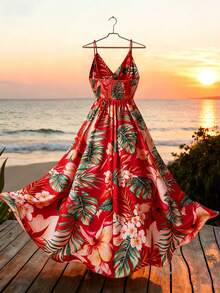 GlowEve Women's Palm Leaf Print Spaghetti Strap V-Neck Sleeveless Midi Dress - Red - View 2