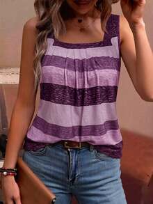EMERY ROSE Holiday Casual Color Block Striped Tank Top Graphic Tees Women Tops - Purple - View 3