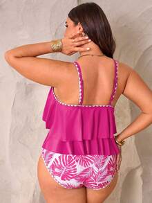 Swim Lushoire 2pcs Plus Size Women Green Spaghetti Strap Ruffle Trim Top & High Waist Ruffle Trim Pants Set, Summer Beach Holiday - Multicolor - View 2