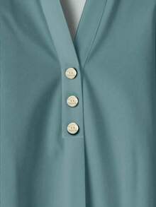 Rusticease Camisa de manga larga verde elegante y casual, combinada con pantalones sueltos con estampado geométrico abstracto verde, conjunto de 2 piezas adecuado para primavera/verano - Caqui - Ver 4