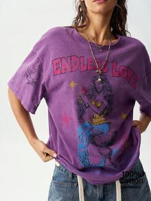 Bohemela Casual Solid Color Knit Round Neck Short Sleeve Loose Fit Women's T-Shirt - Purple - View 2