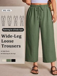 Elaquor Plus Size Women Solid Color Drawstring Waist Casual Pants - Army Green - View 7