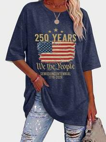 EMERY ROSE 大尺碼女款加長版休閒奇趣美旗圖案短袖T恤，「We Are The People」復古愛國風夏季灰藍色 - 彩色 - 查看 4