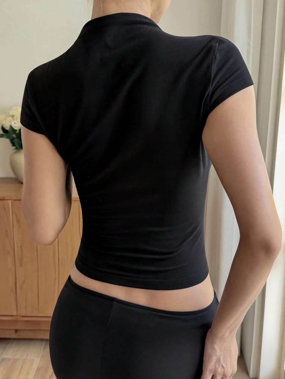 Commute Holiday Festival Outfit Summer Stand Collar Short Sleeve Hollow Design Slim Fit Solid Black Sports T-Shirt Tank Top
