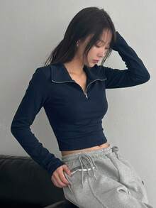 DAZY Solid Half Zip Crop Tee Long Sleeve Women Tops - Navy Blue - View 11