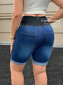 Flexra 大尺碼女款休閒日常通勤高腰收口緊身牛仔短褲，夏季 - 深色水洗藍 - 查看 3