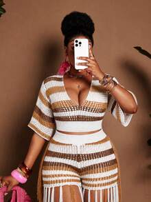 Maweii Plus Size Women's Knitted Two Pieces Set, Various Colors, Diverse Styles, Short-Sleeved Top + Shorts, V-Neck, Fringed Decoration, Resort Style, Seaside Style, Sexy Style, Loose Style, Flowing Style, Sexy Style, Girlish Style, Women's Casual Wear, Women's Knitted Set, Women's Clothing, Summer, Spring, Swimsuit, Tight Swimsuit, Knitted Swimsuit - Multicolor - View 4