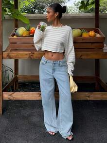 Muchica 女款藍白條紋針織長袖短版套頭上衣 休閒海岸度假風 熱帶海灘輕便舒適秋季上衣 - 藍色 - 查看 3