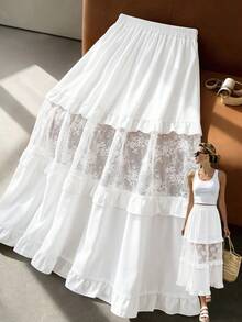 Breezaya Falda evasé de encaje calado y parches, con un estilo elegante y estilizador para tallas grandes - Blanco - Ver 3