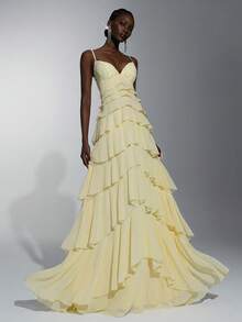 Elitara Elegant, Minimalist, Fashionable Ombre Lace Patchwork Chiffon Spaghetti Strap Multi-Tiered Maxi Formal Evening Gown For Women - Pale Yellow - View 2