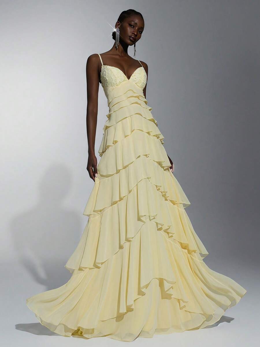 Elitara Elegant, Minimalist, Fashionable Ombre Lace Patchwork Chiffon Spaghetti Strap Multi-Tiered Maxi Formal Evening Gown For Women