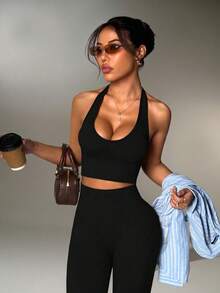 SHEIN Sports 女式纯色短款露背背心和高腰紧身裤运动套装 - 黑色 - 查看 8