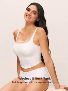 LUVLETTE Wireless Seamless 2-In-1 Built-In Square Neck Bra Cami Backless Longline Lounge Basic White Bra Tank Top - White - View 4