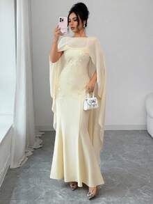 Elenzga 女士春季礼服，优雅法式甜美浪漫风格，系带修身刺绣拉链薄纱披肩领荷叶边下摆连衣裙 - 淡黃色 - 查看 3