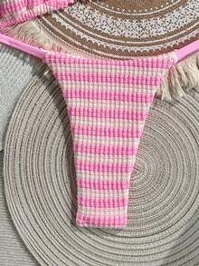 Swim Mod Women's 26 Spring/Summer New Blue & White Striped Textured Fabric Small Sun Metal Decor V-Neck Backless Triangle Wrap Rope Studded Bikini Swimsuit 2-Piece Set - Pink - View 5