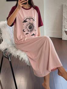 DAZY Sun Graphic Raglan Sleeve Long Dress, Women Summer Sleepwear - Pink - View 4