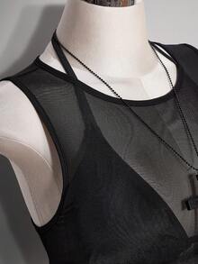 SHEIN ICON 女款大尺碼性感透視網紗連身內衣 - 黑色 - 查看 7