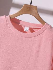 SHEIN 1件青少年女孩夏季新款休閒度假針織圓領短袖拼接下擺條紋碎花印花黑色喇叭裙優雅派對日常出遊洋裝 - 粉色 - 查看 8