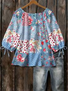 EMERY ROSE Patchwork Design Floral Polka Dot Pattern Round Neck Woven 3/4 Sleeve Blouse - Multicolor - View 2