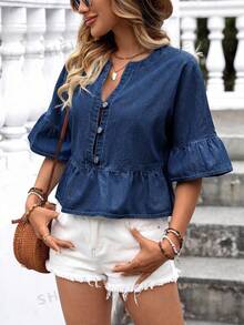 EMERY ROSE Blusa Camisa de Mezclilla Estilo Muñeca con Volantes para Mujer - Azul lavado oscuro - Ver 6