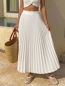 DAZY Elegant Pleated A-Line Skirt, Spring/Fall - White - View 9