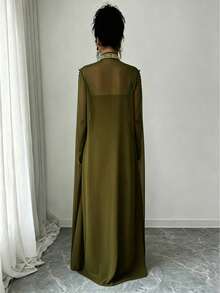 Elenzga Bộ đồ jumpsuit nữ 2 món kèm khăn choàng ren màu vàng - xanh quân đội - Xem 2