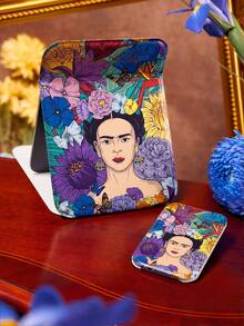 Frida Kahlo X SHEIN 1個優雅花卉藝術印花PU皮革材質粉紅色可折疊HD便攜式鏡子，可站立或手持，輕巧便攜，方便檢查妝容細節，適合旅行與通勤，墨西哥風格，芙烈達，花卉 - 寶藍色 - 查看 2