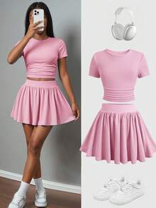 SHEIN 青少年女孩夏季新款藍色純色短袖T恤防走光裙套裝 - 粉色 - 查看 1