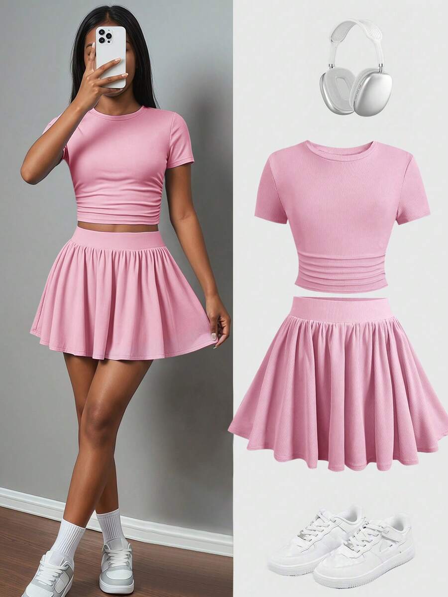 SHEIN 青少年女孩夏季新款藍色純色短袖T恤防走光裙套裝 - 粉色 - 查看 1