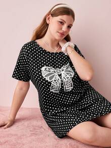 Bonmuse Plus Size Women's Polka Dot Bow Tie Short Sleeve Short Dress, Loose Comfortable Casual Sleepwear, Suitable For Summer - Black - View 9